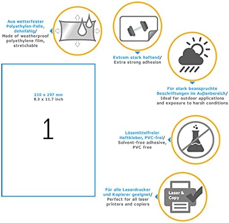 9543 hava koşullarına dayanıklı dış mekan yapışkan folyo DIN A4 (210 x 297 mm, folyo beyaz mat) 40 etiketleri 40 yaprak, STARK kendinden yapışkanlı, baskı
