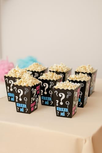 Partinity Kız mı Erkek mi Popcorn Kutusu, 8'li Set, Baby Shower ve Cinsiyet Partisi için Mısır Kutuları, Siyah