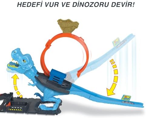 Dinozor ile Mücadele™ Oyun Seti 1 adet oyuncak araba içeren ™ şehri pist seti, T-Rex akrobasi ve yarış çemberli oyun seti HKX42