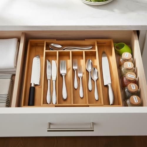 7 Bölmeli Bambu Kaşıklık – Antibakteriyel Çekmece İçi Düzenleyici Organizer | Doğal Ahşap, Şık ve Dayanıklı Tasarım
