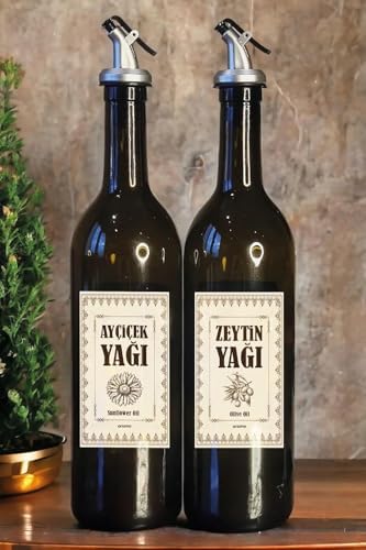 Cam Yağ Şişesi Seti 2'li, 750 mL Zeytinyağı & Ayçiçek Yağı Dispenseri, Su Geçirmez Etiketli, Sızdırmaz Otomatik Dökme Başlıklı, Şık & Dayanıklı Yağlık Yağdanlık Set