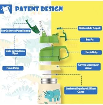 350ml Pipetli Desenli Kulplu 6 Saat 12 Saat Soğuk Çelik Termos Matarası (Mavi Tren)