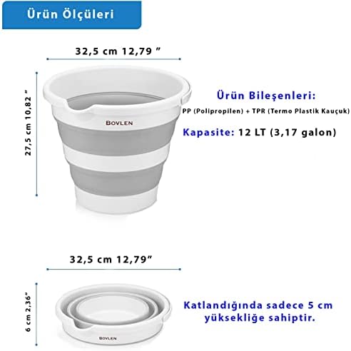 12 Litre Katlanabilir Kova - Akordiyon Katlanır Kova - Araba Kovası - Gri - 32.5 x 27.5 x 6 cm - PP+ TPR