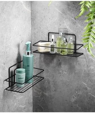 2'li Siyah Yapışkanlı Banyo Rafı, 2 Telli Duş Şampuanlık, Paslanmaz Metal Duş Rafı (Vidala/Yapıştır) - TŞ-01