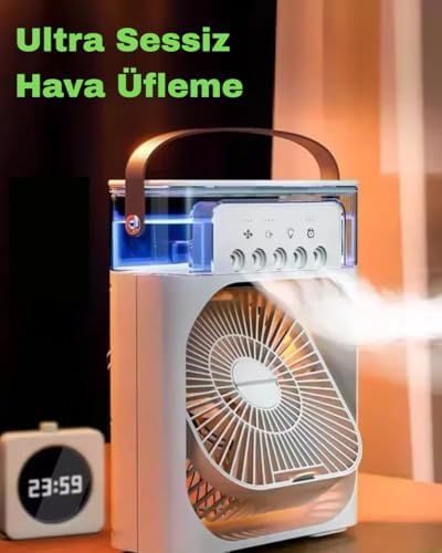 Soğutmalı Vantilatör - Siyah - 7 Renk LED Işıklı Mini Hava Soğutucu, Buharlı Nemlendirici, Parfüm Hazneli, Zaman Ayarlı, Taşınabilir USB Fan (Ev & Ofis İçin)