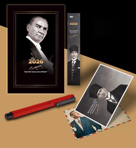 2026 Gazi Paşa Atatürk Ajandası Ayraç Kartpostal Kalem - Kırmızı