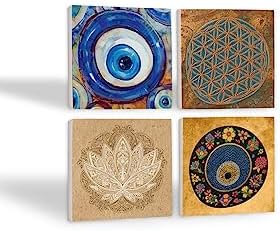 Nazar, Yaşam Çiçeği, Çiçeği Taş Bardak Altlığı Seti - 4 Parça - Dekoratif, Rustik Mutfak Aksesuarı, 10x10 cm, Kaydırmaz Tabanlı, Şık ve Dayanıklı SC473