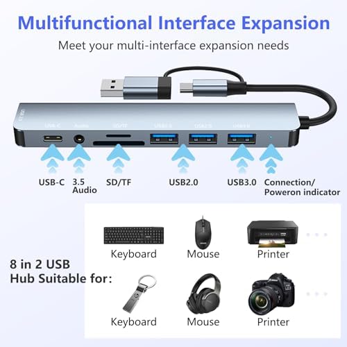 USB C Hub, 8'i 1 arada USB Hub 3.0 Çok Portlu Adaptör, USB 3.0 Bağlantı Noktaları, SD/TF Kart Okuyucu, USB-C ve 3 x USB 2.0 Veri Bağlantı Noktaları, 3,5 mm Ses Bağlantı Noktaları,  Air