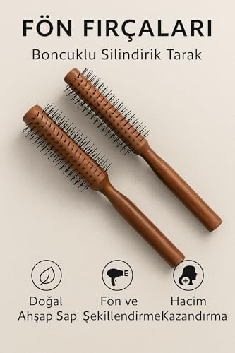 Ahşap Saplı Fön Fırçası – Boncuklu Silindirik Tarak | Profesyonel Saç Şekillendirme, Fön ve Hacim Kazandırma | Doğal Ahşap Sap