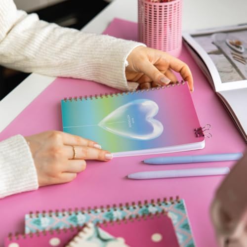 A5 Spiralli Karton Kapak 4'lü Set Çizgili Okul Defteri 80 yaprak - Ders Programlı Mavi Pembe Yıldız