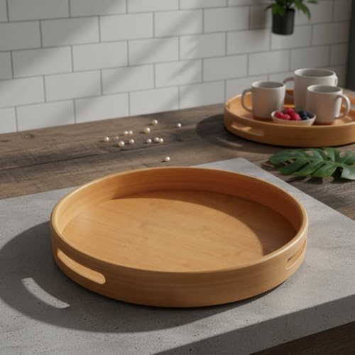 Taşıma Kulplu Yuvarlak Bambu Tepsi (30 cm) | Doğal Ahşap Servis Tepsisi | Kahve, Kahvaltı ve Dekoratif Masaüstü Organizeri
