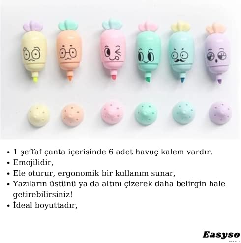 Havuç Fosforlu İşaretleme Kalemi (Mini) 6'lı, Çok Renkli EASYSO290 Fosforlu Kalem Highlighter