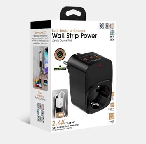 Akım Korumalı Priz 1x Priz, 2x Type-C, 1x USB Port Çıkışlı Tekli (Siyah)