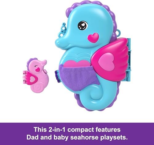 POLLY POCKET™ BABAM VE BEN™ denizatı çanta Polly Babam ve Ben denizatı çanta, 2 mikro bebek, evcil hayvanlar ve 13 aksesuar, 2'si 1 arada çanta ve oyuncak ile Shani HWP03
