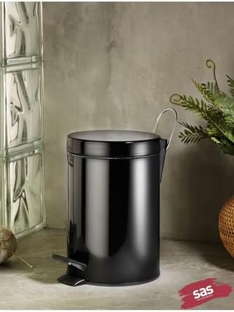 Banyo Tuvalet Balkon Mutfak, Siyah Renkli Pedallı Metal Çöp Kovası 5 Litre