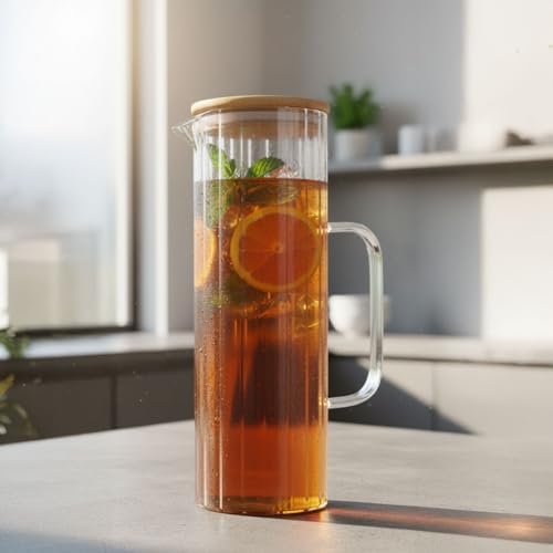 1000ml Bambu Kapaklı Borosilikat Cam Yağlık & Sürahi – Şık, Dayanıklı ve Sağlıklı Saklama Çözümü (8cm x 20cm)