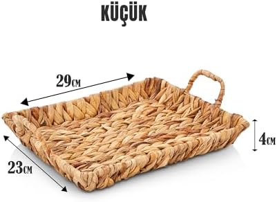 El Yapımı Su Sümbülü Hasır Kulplu Dekoratif Tepsi Küçük Boy (29cm*23cm*4cm)