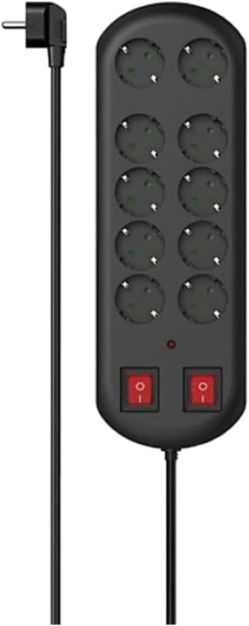 10'lu Akım Korumalı Priz, 2 switches, 2m, Siyah