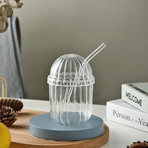 500ml Cam Kapaklı Pipetli Bardak, Kalın Çizgi Desenli Soğuk İçecekler için Kahve Meyve Suları, Çayları için Brokosilikat BPA İçermeyen Sağlıklı Ergonomik Şık Tasarım