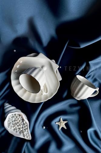 Tezyinat -İstiridye İnci 4 Parça 2Kişilik Porselen Kahve Fincan Takımı (PLATİN YALDIZLI)