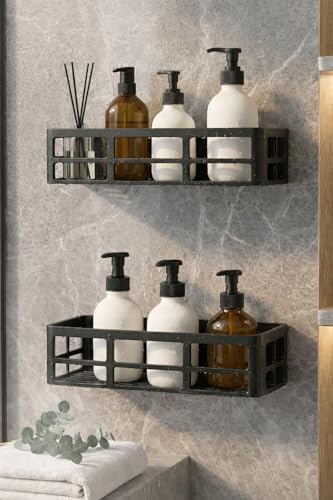 Yapışkanlı Duş Rafı – 2 Adet Paslanmaz Banyo Şampuanlık Organizer | Delmeden Montaj | Geniş Kapasiteli Duş Organizeri | Siyah Plastik Raf – Banyo Mutfak Uyumlu