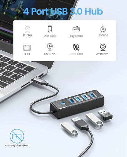 Type-C to USB-A 3.0 4 Portlu Ultra Slim USB Çoklayıcı Hub Siyah