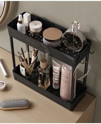 Rafata Makyaj,Takı Ve Bakım Ürünleri Organizeri Rafı Standı Iki Katlı Askılı Kozmetik Düzenleyici, Siyah