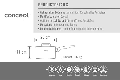 920NC saplı tencere, indüktif, çap 20 cm, 11 cm yükseklik, 3,4 l, tüm ocak türleri için uygundur, paslanmaz çelik, 200