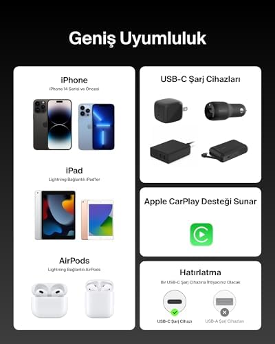 2'li Örgülü USB-C - Lightning Kablo, 1,5 m, 14 ve önceki modeller, 9. Nesil iPad ve AirPods için hızlı şarj kablosu, Siyah