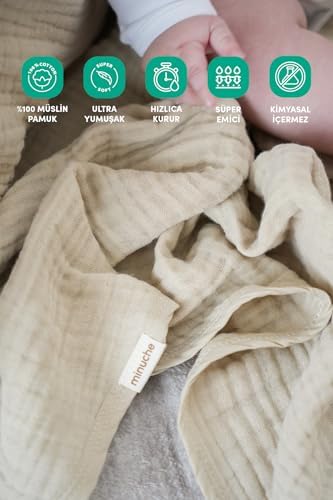 Müslin Bebek Kundak Örtüsü 120X120 cm -%100 Pamuk 4 Kat Müslin Bebek Battaniye (Bej)
