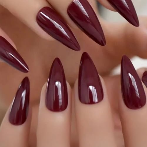 100'lü Stiletto Takma Tırnak, Bordo Kırmızı Parlak Kaplama Tırnak Seti, 100 Parça Set