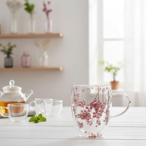 350ml Çift Cidarlı Çiçekli Kupa – Dayanıklı Çift Katmanlı Cam Çay & Kahve Kupası | Şık ve Ergonomik Tasarım