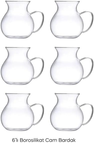 Keyfi Ala 6'lı Borosilikat Cam Çay Bardağı Seti, 200ml Termisil Kupa, Şık ve Dayanıklı, Çay Vakti için İdeal (6 Adet)