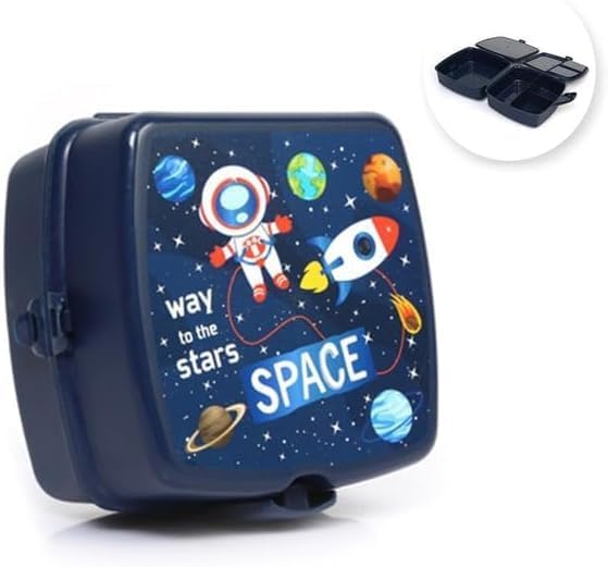 Uzay Baskılı 4 Bölmeli ve Kaşık Çatallı Beslenme Çantası - Beslenme Kutusu