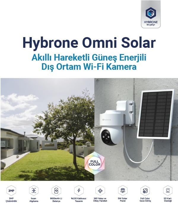 Omni Solar Dış Ortam Bataryalı ve Güneş Enerjili Wi-Fi Akıllı Kamera, Renkli Gece Görüşü, 360 Derece Görüntüleme, İnsan Algılama, Siren