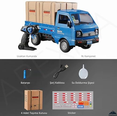 2.4GHz Uzaktan Kumandalı Sesli Işıklı Şarjlı Buhar Atan Kapıları Açılan Rc Kamyonet Yük Taşıma Aracı (Mavi)