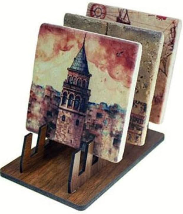 Dekoratif 6 Lı Ahşap Bardak Altlık Standı -bardak Altlığı Standı