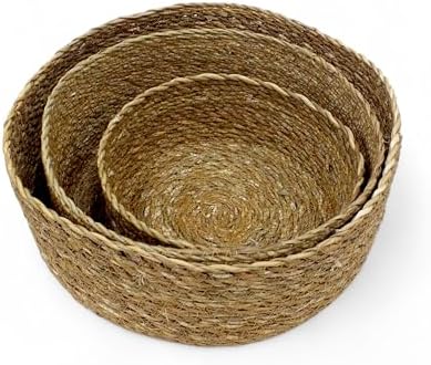 3'lü Rustik El Yapımı Doğal Yuvarlak Hasır Düzenleyici Seti | 3'lü Hasır Yuvarlak Organizer Seti – Dekoratif, Çok Amaçlı ve Dayanıklı Sepetler (30x12cm – 25x10cm – 20x8cm)