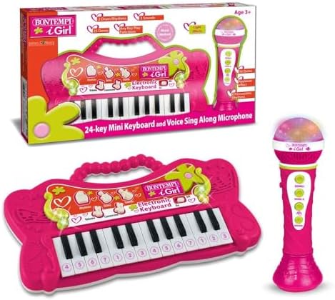 Bontempi Elektronik Karaoke Seti, 24 Tuşlu Işıklı Org ve Şarkı Söyleme Mikrofonu, 2'si 1 Arada, Pembe, Çocuklar İçin Müzik Eğitim Seti, 3+ Yaş
