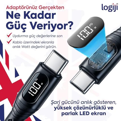 100W Type-C to Type-C Dijital LED Ekranlı Göstergeli Hızlı Şarj Kablosu E-Mark Çipli, Dayanıklı Örgülü, 1.2m, USB-C PD 3.0, 15 16,17 Telefon, Laptop Tablet Uyumlu