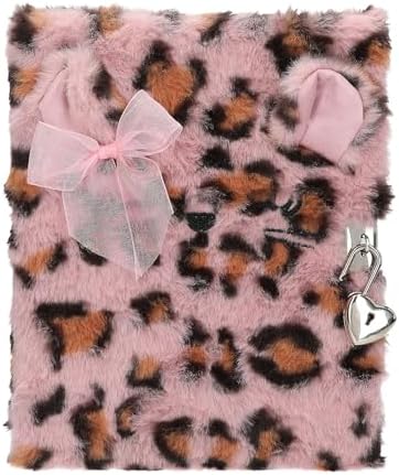 13357 Cosy Cat - Kilitli Dergi, Pembe Kahverengi Leopar Kürklü Dergi, Yazıtlar için 96 Çizgili ve Resimli Sayfalar