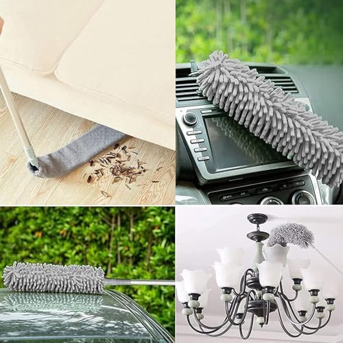 3'lü Teleskopik Toz Alma Seti + 2 Adet Detay Fırçası | Uzatılabilir Saplı Tavan, Avize, Klima, Raf ve Köşe Temizlik Mopu | Mikrofiber ve Chenille Başlıklı Toz Alıcı Temizlik Aparatı