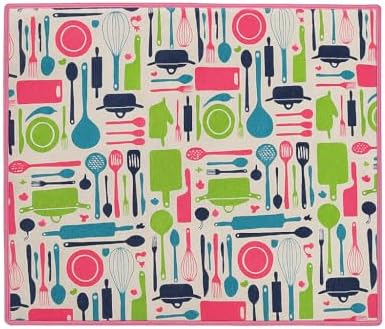 Mutfak Desen Bulaşık Kurutma Altlığı, 35x45 cm, Pembe ve Yeşil Çerçeveli, Mutfak Gereçleri Desenli