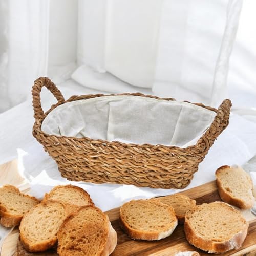 El Yapımı Doğal Hasır Kulplu Çok Amaçlı Dekoratif Dikdörtgen Sepet, Hasır Kulplu Ekmek Sepeti (27x18x8cm)