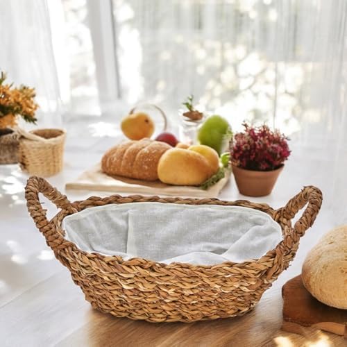 El Yapımı Doğal Hasır Kulplu Çok Amaçlı Dekoratif Oval Sepet, Hasır Kulplu Ekmek Sepeti (27x18x8 cm)