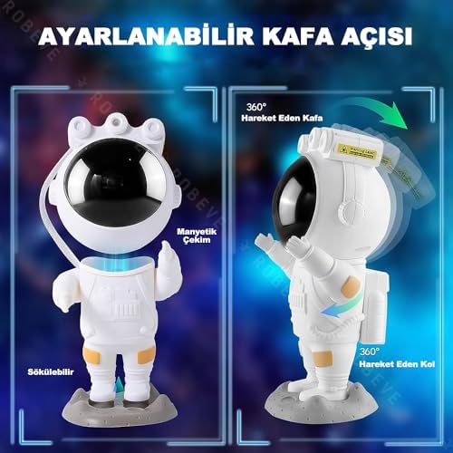 Astronot Projektör Gece Lambası - Uzaktan Kumandalı Çok Renkli Yıldızlı Gece Lambası - Zamanlayıcılı