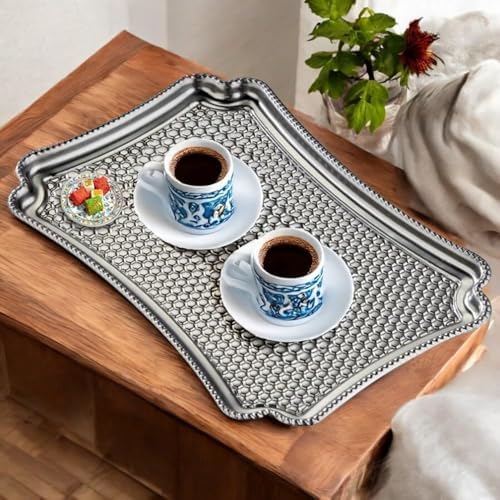 6 Adet Paslanmaz Çelik Dekoratif Servis Tepsisi, Çelik Tepsi, 28x19 cm, Gümüş Renk, Kahve Çay Sunum Söz Nişan Tepsi