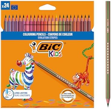 BIC Kids Stripes Kuru Boya Kalemi, 24'lü Kutu, Kıymık Oluşturmaz, Çiğnemeye Karşı Dayanıklı, Kolay Açılır