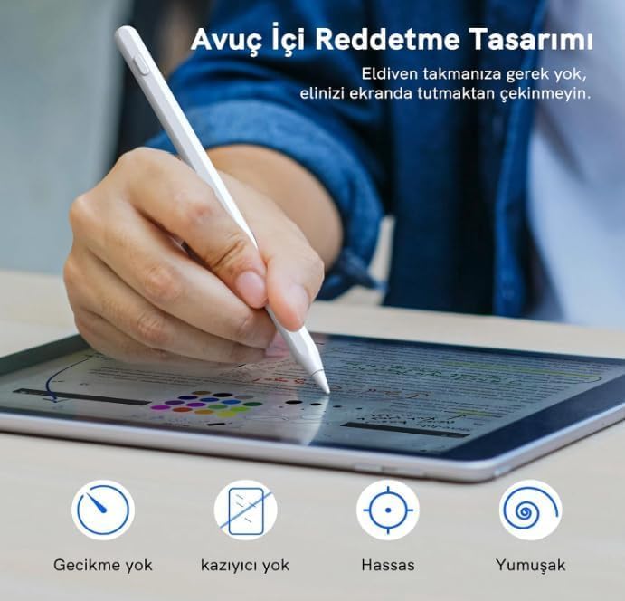 iPad Kalem – Pencil Alternatifi iPad Pencil | USB-C Hızlı Şarj, Rejection, 8 Saat Pil | iPad 6-10, Air, Pro, Mini Uyumlu, 2 Yedek Uç
