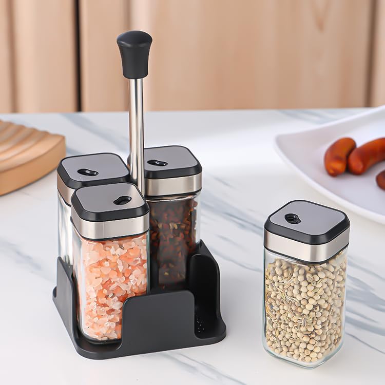 Standlı Baharat Seti Cam Baharat Kavanozları Seti, Paslanmaz Çelik Kapaklı Nem Geçirmez Baharatlık Takımı, Mutfak Masası Organizeri ile Çeşni Şişeleri Tuzluk Seti Baharat Seti